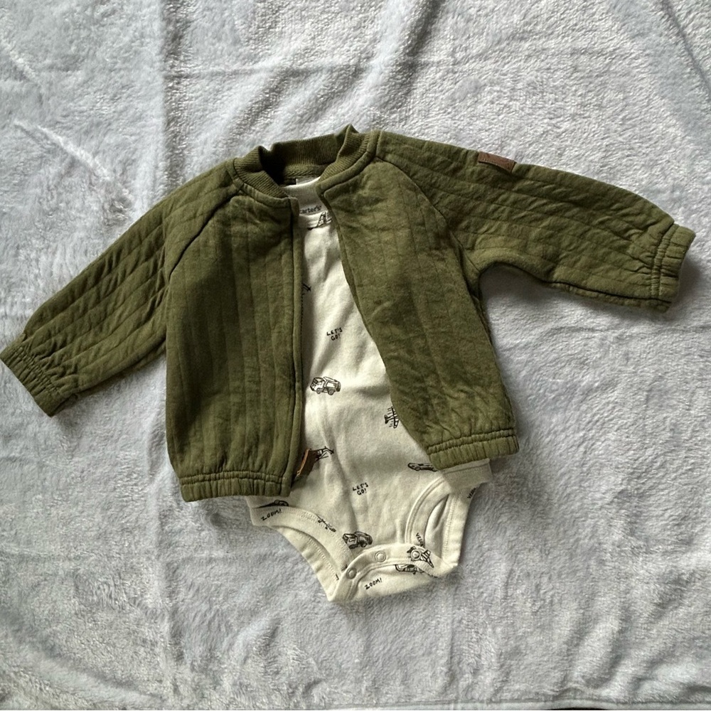 ❄️3/$15 Bundle & Save - Olive Green Baby Jacket with Printed Onesie